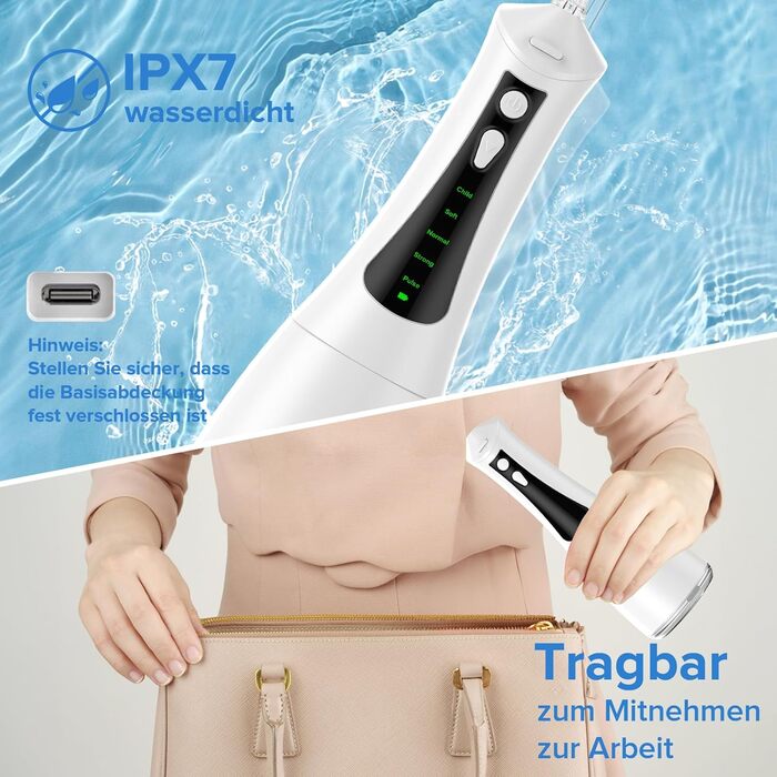 Електричний ірigator Munddusche з 5 режимами та 5 насадками, 300 мл резервуар, перезаряджуваний, для догляду за зубами, водонепроникний (IPX7)