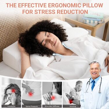 Ортопедична подушка для шиї Elviros з піни Memory Foam, ергономічна, для сну на спині, боці та животі, знімний охолоджуючий чохол, 64×(11,5/13)×40 см, сірий
