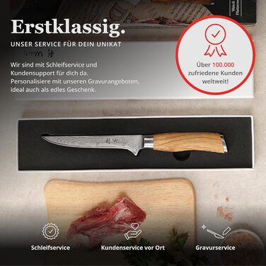 Ніж кухарський Wakoli з дамаської сталі (серцевина VG10) з 20 см лезом – гострий та збалансований – ніж з ручкою з оливкового дерева в подарунковій коробці – ніж кухарський з дамаської сталі для професійних та аматорських кухарів (ніж для обробки м'яса)