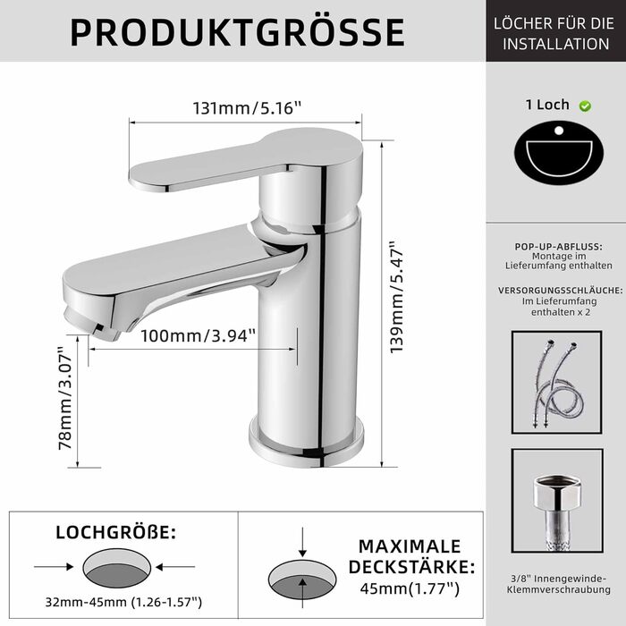 Змішувач для ванної кімнати BELZ, одноручний, для умивальника, хром, водозберігаючий, енергозберігаючий, висота виливу 78 мм