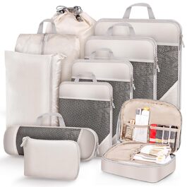 Набір органайзерів для валізи та рюкзака 10 предметів з компресією, дорожні сумки-пакувальники для одягу (Бежевий)