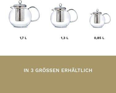 Скляний чайник Creano 1.3 л, скляний чайник із 3 частин із вбудованим ситечком з нержавіючої сталі та скляною кришкою, ідеально підходить для приготування чаю на розлив, без крапель, все в одному (1,7 л)