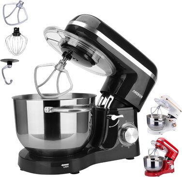 Кухонна машина Arebos 1500W з чашею 6L з нержавіючої сталі, чорна | Змішувач, гак для тіста, вінчик | Кришка від бризок | 6 швидкостей | Кухонний комбайн | Машина для тіста