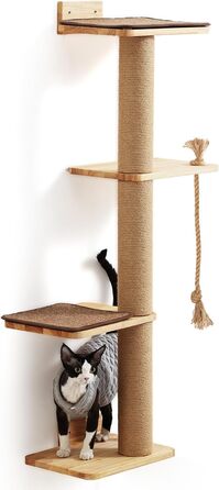 Настінна когтеточка FUKUMARU 127,7 см, котяча лежанка, джутова когтеточка та килимок, дерево каучукового дерева