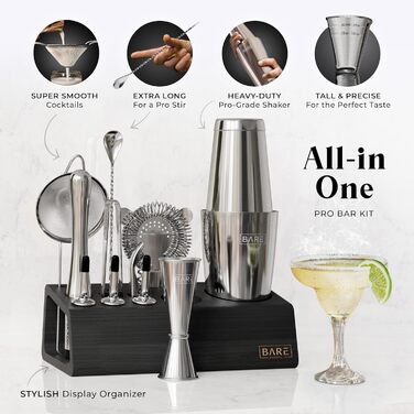 Набір бармена Pro Mixology: 14 предметів, Boston Shaker 28oz, бамбуковий підставник, рецепти коктейлів. Ідеальний подарунок для дому.