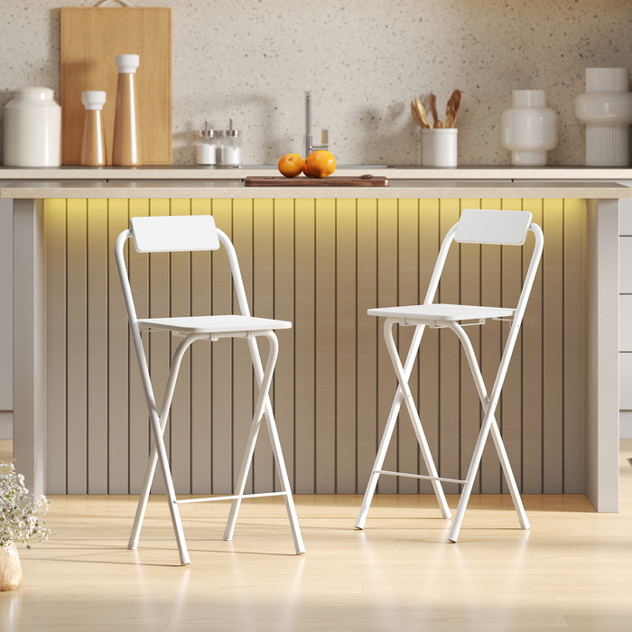 Набір барних стільців (2 шт.), складні, з металевим каркасом, спинкою та підніжкою, для кухні, 37 x 45 x 87 см, білі
