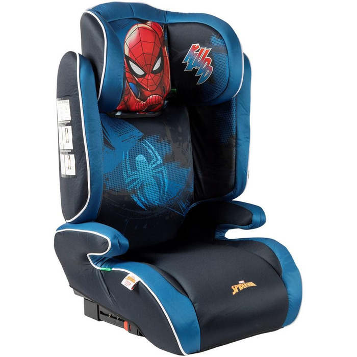 Автокрісло Marvel Spiderman з кріпленням ISOFIX для безпеки дитини зростом від 100 до 150 см з зображенням супергероя Людини-павука на синьому тлі