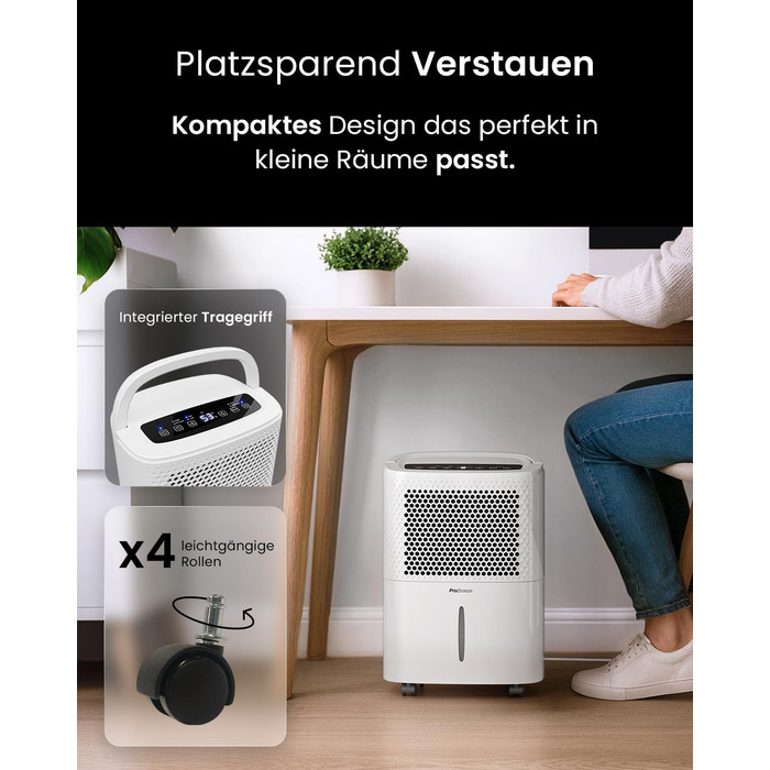 Pro Breeze® Eco Kompakt 12L/день: Електричний осушувач повітря з LED-дисплеєм, функцією сушіння білизни та Smart App (20 м²)