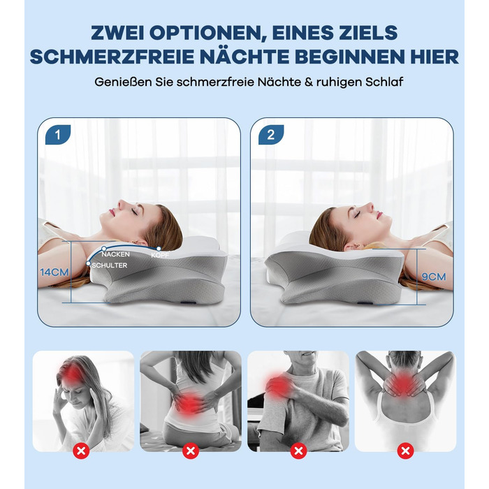 Подушка з піною з пам'яті DONAMA: ергономічна подушка для шиї, для сну на боці, спині та животі (сіро-біла, 63 x 38 x 14 см)