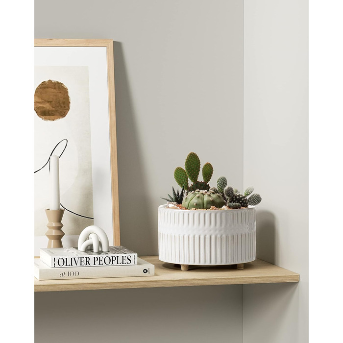 Набір горщиків для сукулентів LE TAUCI, 16,5+20 см, кераміка, з дренажними отворами, сучасний циліндричний дизайн, набір 2 шт., реактивна глазур білого кольору