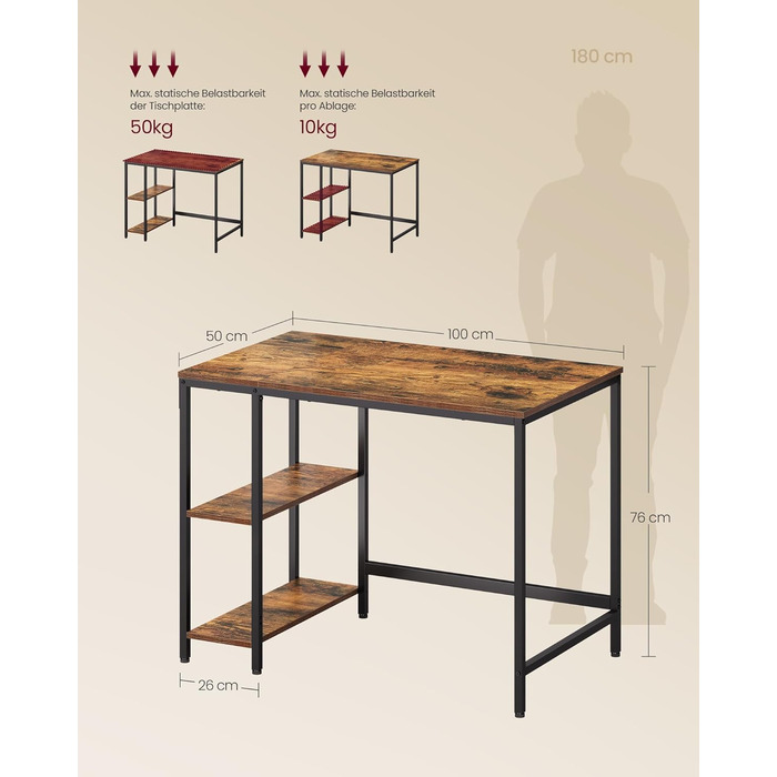 Комп'ютерний стіл VASAGLE 100x50 см, офісний, вінтажний стиль, для робочого кабінету, спальні, вітальні, колір: коричневий + чорний