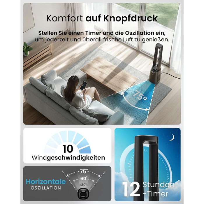 Вентилятор Pro Breeze OmniAir з очищувачем повітря 105 см, 10 швидкостей, HEPA 13, LED дисплей, пульт ДУ, 5 режимів, тиха робота, чорний