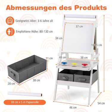 Дитяча мольберт DREAMADE 3 в 1 з магнітною дошкою, крейдою та рулоном паперу, для малювання та творчості, від 3 років (білий)