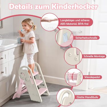 Дитячий підсходильник Onasti Tritthocker, регульована висота, 3 сходинки, з ручками, складний, анти-ковзний, для кухні, ванної кімнати, умивальника та туалету (Сірий) Сіро-білий (Рожевий)