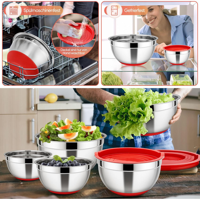 Набір місок HaWare з нержавіючої сталі, 7 шт., з кришками, для приготування їжі, випічки, салатів, 6.5/4.5/3/2.5/1.5/1.2/0.7 л (червоний, силіконове дно)