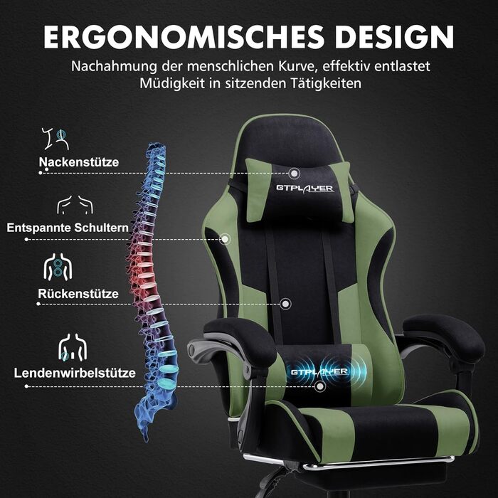 Ігровий крісло GTPLAYER з масажем, підніжка, підголовник, поперекова подушка, оббивка з тканини, білий/зелений