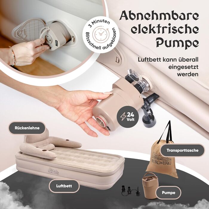 Надувне ліжко 3-в-1 | Гостьове та кемпінгове ліжко | Надувна матрац з електропомпою 150x200 | Самостійно надувна повітряна матрац (1 особа, Бежевий)