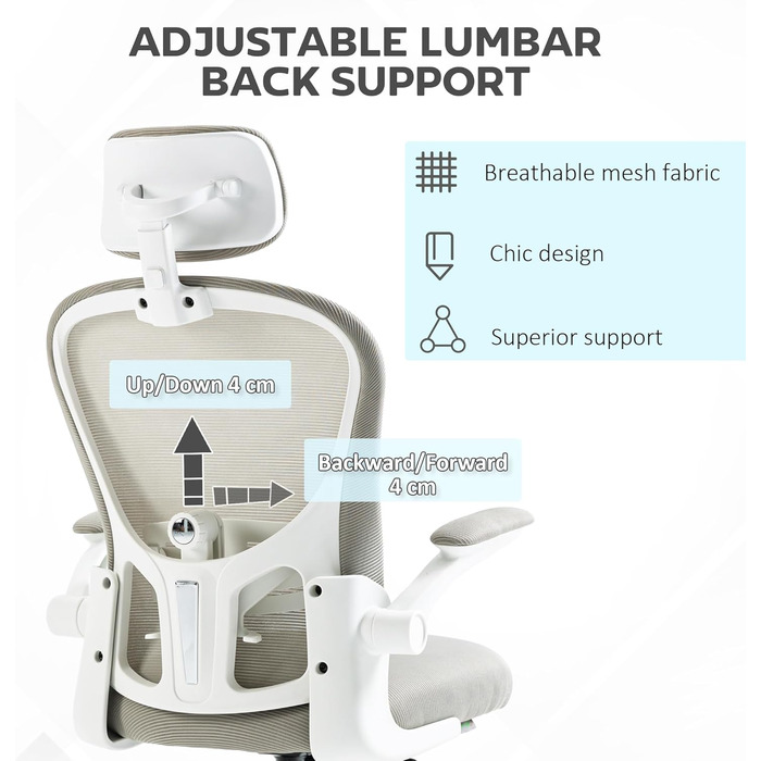 Офісне крісло Vinsetto з високою спинкою, сітчаста тканина, комп'ютерне крісло з обертовою підголівником, 4D поперекова підтримка, відкидні підлокітники, регульована висота, Білий (Сірий)