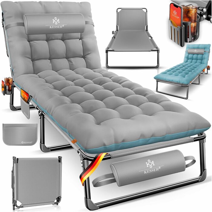 Розкладне кемпінгове ліжко KESSER з преміум-матрацом та подушкою, 190 x 68 x 30 см, витримує до 250 кг, з кишенею та підстаканником, сіре/блакитне