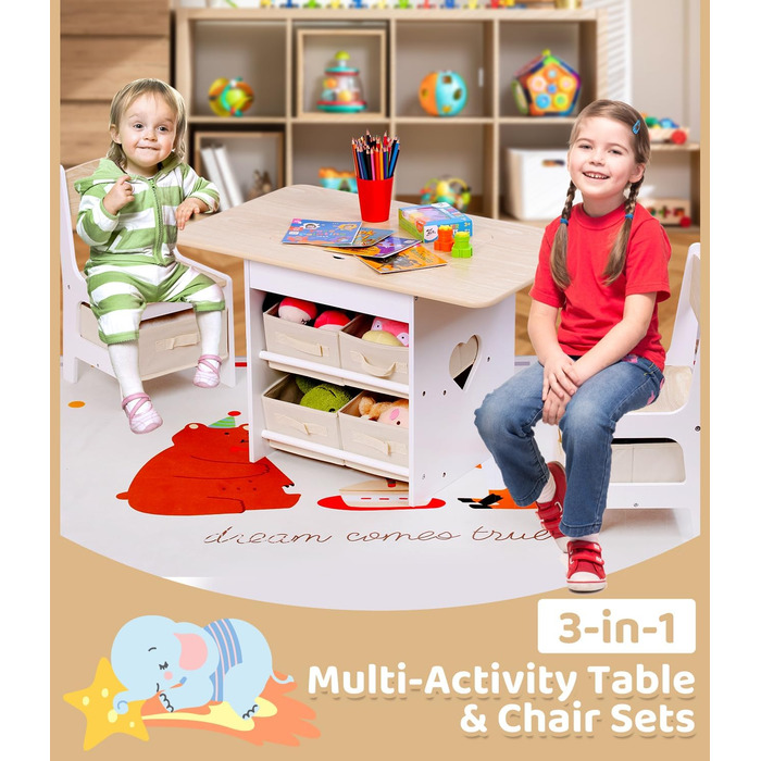 Дитячий стіл зі стільцями, ігровий стіл для дітей з місцем для зберігання, набір меблів для дитячої кімнати (натуральний колір)
