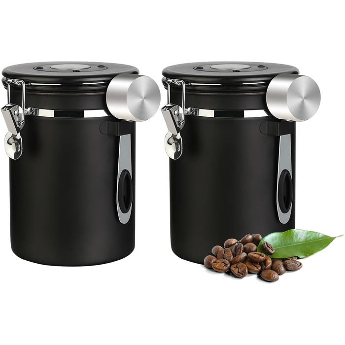 Набір контейнерів для кави та продуктів з нержавіючої сталі 1.8L (2 шт.) з датчиком дати, CO2-вентилем та мірною ложкою
