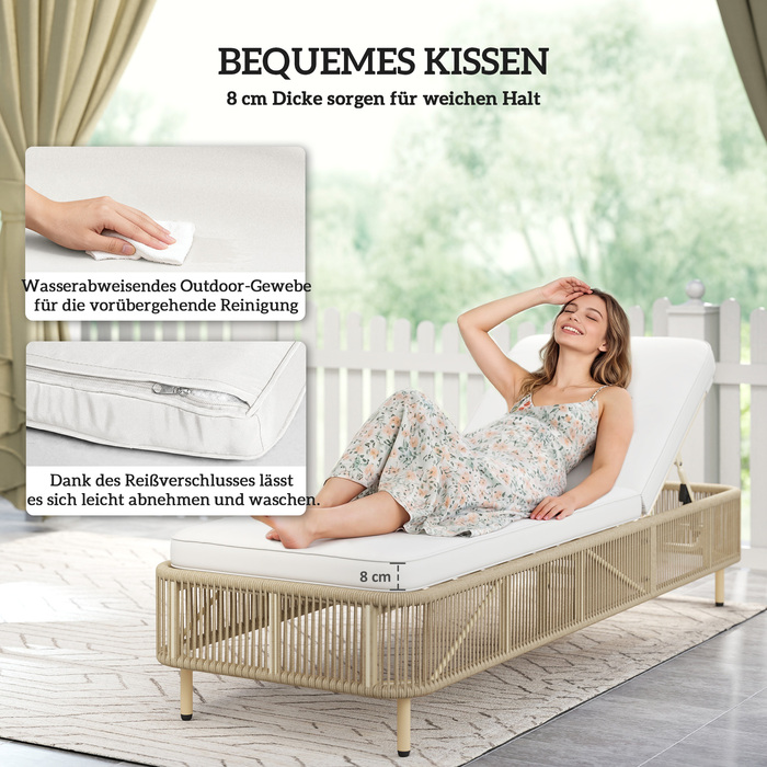 Плетена шезлонг з ротанга, вулична лежанка з PE-ротанга з 5 рівнями нахилу та подушкою, садовий шезлонг