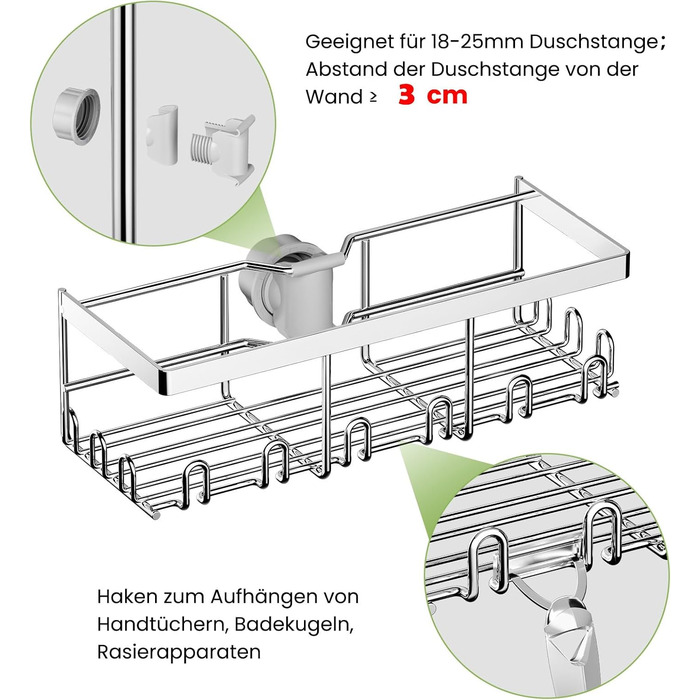Душова полиця HouseUp без свердління, 2 шт. и Полиця для душової штанги з нержавіючої сталі 18-25мм, органайзер для ванної кімнати (срібло)