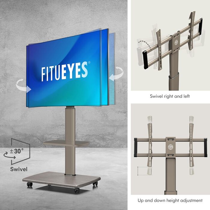 Підлогова підставка для телевізора FITUEYES Rollbar з дерев'яною полицею, регульована по висоті, поворотна, на 32-70 дюймів, хакі