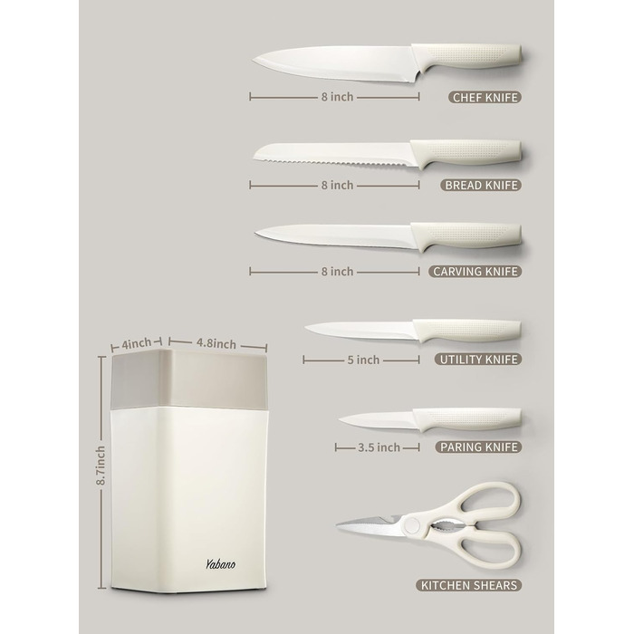 Набір кухонних ножів Yabano 7 предметів з підставкою та точилкою, кухонний набір з пластиковою підставкою (білий)
