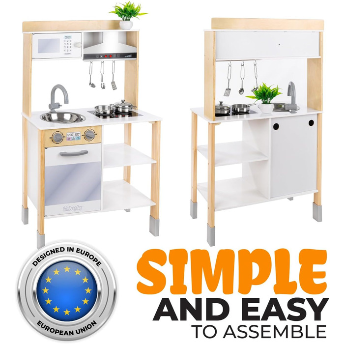 Дерев'яна дитяча кухня Kinderplay з LED та звуками приготування їжі, регульована висота 92–107 см, ігровий набір для дітей від 3 років, повний комплект з аксесуарами, світло-сірий колір (Modern - Weiß)