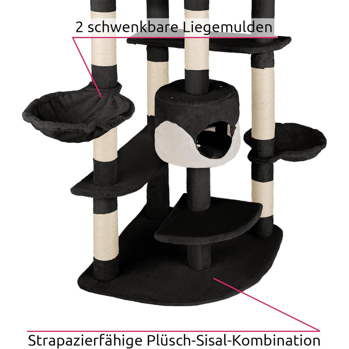 Кігтеточка tectake XXL для кішок, велика, з іграшкою для кішки, лежаче корито, 2 котячі печери, висота стелі (чорний/білий)