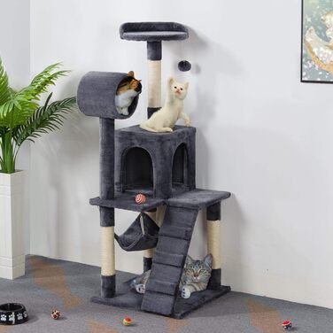 Котяче дерево Yaheetech 130 см Кігтеточка для котів Cat Tree, Котяча лазіння по дереву з оглядовим майданчиком Котяча печера Сизалеві стовбури, темно-сірі