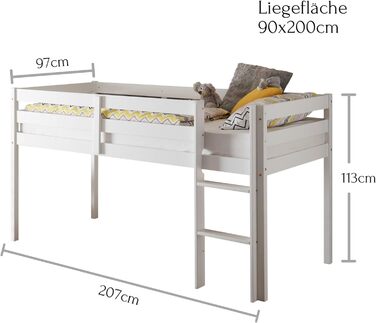 Ліжко-горище Stella Trading KENI зі сходами та лежачою поверхнею 90 х 200 см - Компактне дитяче двоярусне ліжко з масиву сосни, біле - 97 x 113 x 207 см (W/H/D) Ліжко Сосна біла
