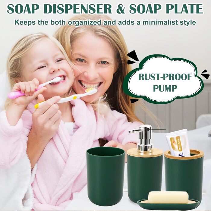 Набір аксесуарів для ванної кімнати iMucci: сміттєвий бак, щітка для унітазу, тримач для зубних щіток, диспенсер для лосьйону/мила, мильниця, стакан для зубних щіток, тримач для ватних паличок (з бамбукової обтяжки), пастельно-зелений, 9 предметів (темно-