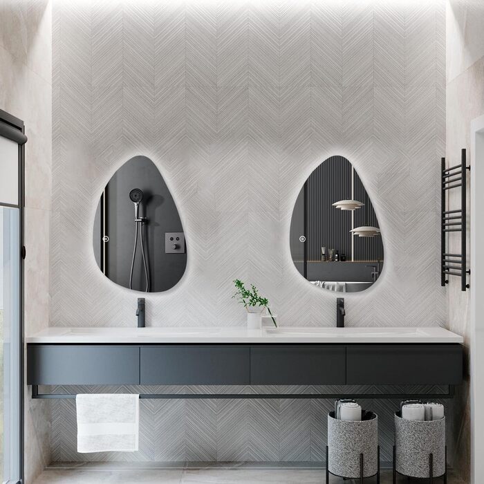 Асиметричне дзеркало для ванної кімнати Boromal з підсвічуванням 80x80 см, LED, сенсорний вимикач, 3 кольори, регулювання яскравості