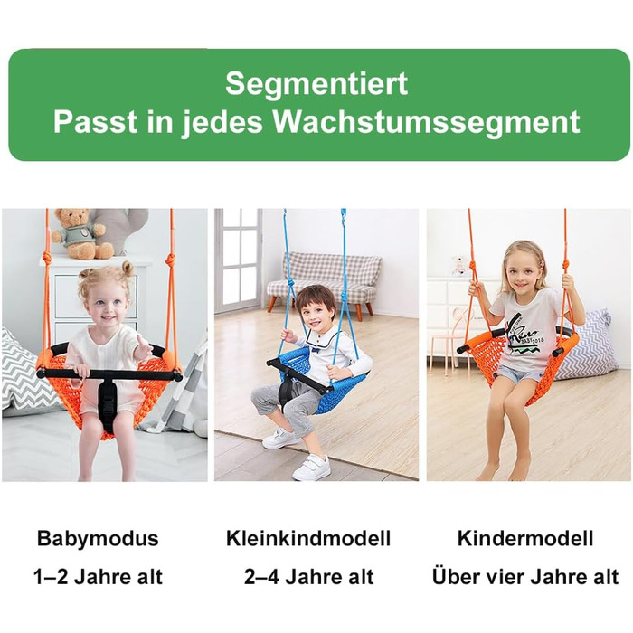 Двомісна гойдалка Nets Tribe 2-в-1 для малюків. Гойдалка для дітей з регульованими мотузками, міцна гойдалка-ігровий набір для дому та саду. (Зелений)