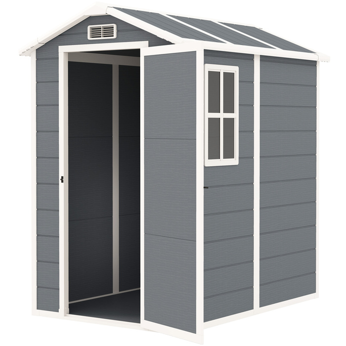Outsunny Garden Shed 2,1 м², Водонепроникний садовий сарай з підлоговим односхилим дахом, 131x186x198/172 см, Сарай для інструментів з дверима, що замикаються, Вікно Велосипедний гараж, Садова шафа з алюмінію, для заднього двору, Саду, Сірий | Аосом