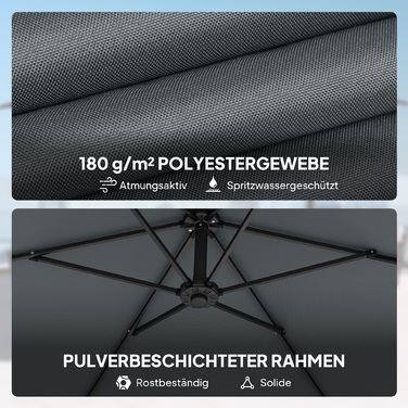 Великий парасоль від сонця, діаметром приблизно 300 см, з механізмом блокування, ручним відкриванням, стійкою та вагами. Колір: темно-сірий.