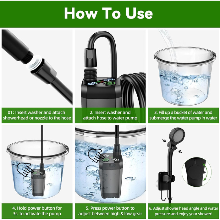 Портативна кемпінгова душа InkTrail з нагріванням, 6000 mAh, 4 режими розпилення, водонепроникна IPX7, для кемпінгу, подорожей, авто, домашніх тварин