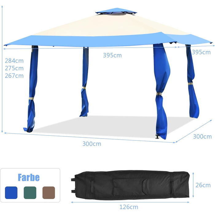 Альтанка COSTWAY 4м x 4 м з подвійним дахом, оксфордською тканиною та металевим шатром, в т.ч. з сумкою для перенесення, садова альтанка для весілля в саду (блакитна)