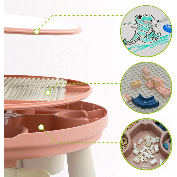 Набір дитячих ігрових столів LittleTom 3-в-1 - сумісний з Lego Duplo від 1 року - Рожевий круглий