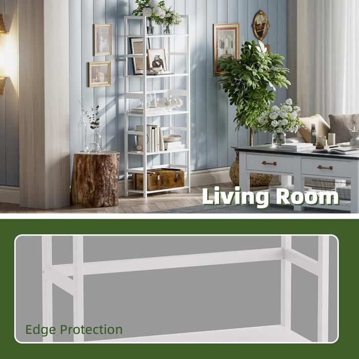 5-ярусна полиця для книг, індустріальна полиця з бамбуковим каркасом, сучасна полиця-вітрина, органайзер для зберігання з дерева для вітальні, домашнього офісу, рустичний колір (білий)