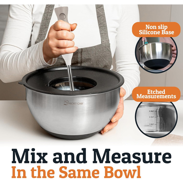 Набір міксерів Priority Chef з нержавіючої сталі з кришками, 3 тертки, герметичні кришки, силіконова неслизька основа, набір для змішування, великі металеві миски для кухні, чорний