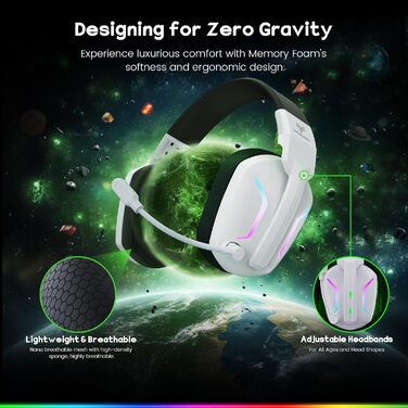 WG1 Bluetooth навушники для ігор: бездротові, з мікрофоном, для PS5, PS4, PC, Switch, Mac, LED-підсвітка, 50 годин роботи, Satinweiß