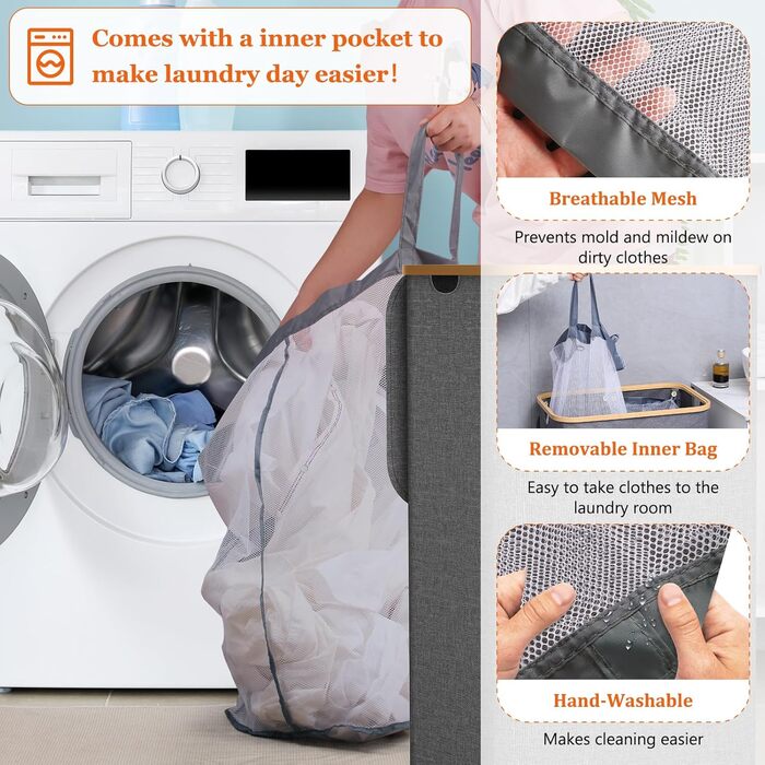 Кошик для білизни з кришкою 70л, вузький, з бамбуковими ручками та внутрішньою кишенею, складний, портативний, для пральні, йоги, темно-сірий 70л