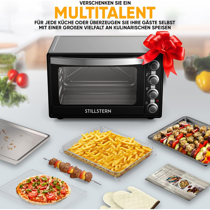 Міні-піч Stillstern CYCLONE PRO+ 60л з конвекцією: піч, гриль, тостер, піцца, для кемпінгу. Антипригарне покриття, Airfryer, рецепти, рожніца, 2200W