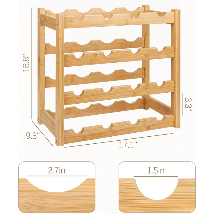 Стойка для вина VASMIA з бамбука, 3-ярусна, на 12 пляшок, для кухні та комори, білий колір