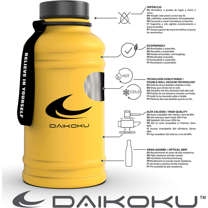 Пляшка з нержавіючої сталі Daikoku регульований ремінець карабін, термос з подвійними стінками без бісфенолу А, багаторазова пляшка для води, герметична кришка, кораловий колір, ємність 500 мл (1,3 л, Жовтий Xxl)