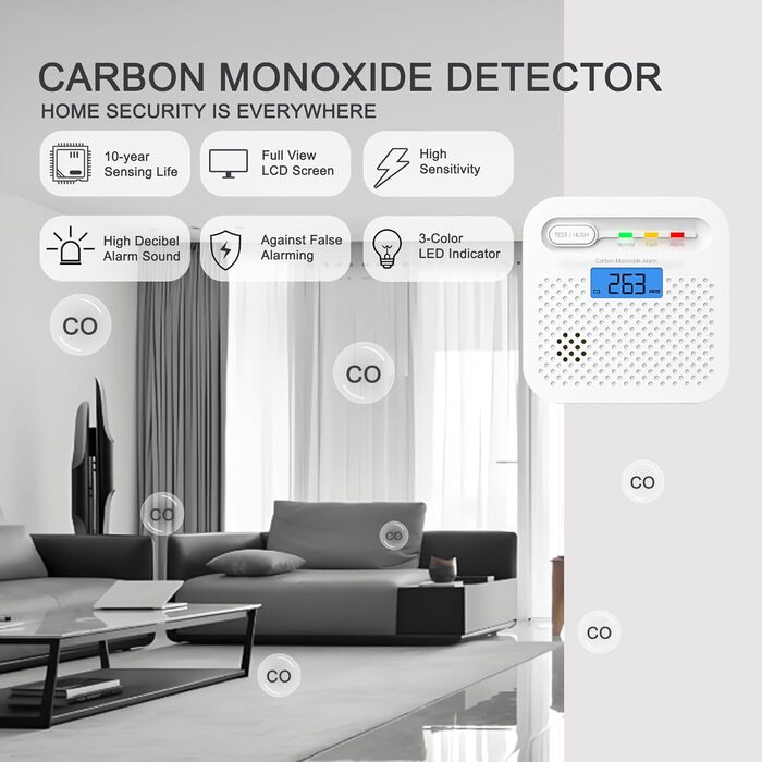Детектор чадного газу CO з цифровим дисплеєм, портативний, для дому, авто, подорожей, офісу, ресторану, готелю (WiFi, 4 шт.)