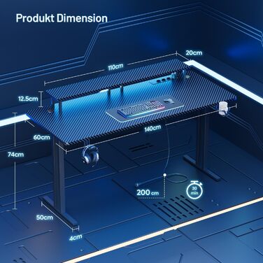 Ігровий стіл HLONONE з LED підсвічуванням, 120x60 см, з 3 розетками та 2 USB, стійкий, для геймінгу та офісу, чорний